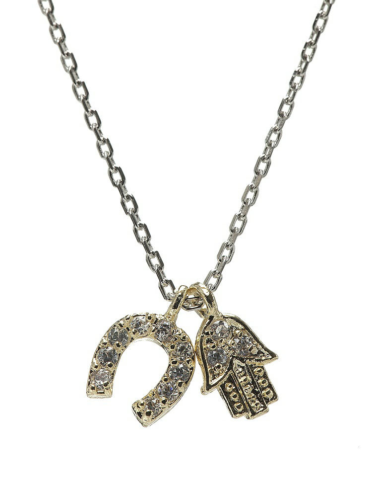 Front View - Gold Good Luck Hamsa and Horseshoe Charm Necklace