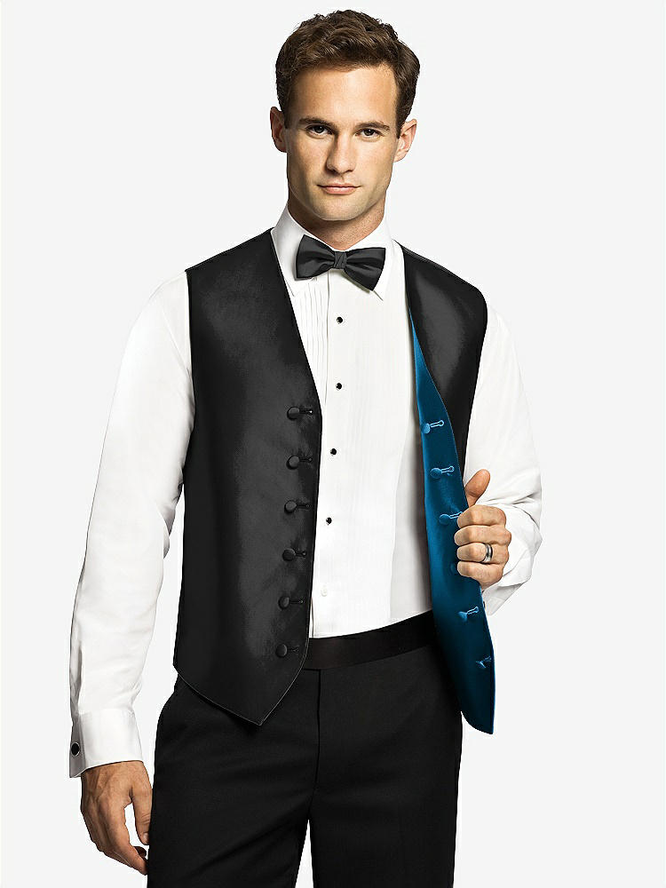 Front View - Black & Ocean Blue Reversible Tuxedo Vests by After Six