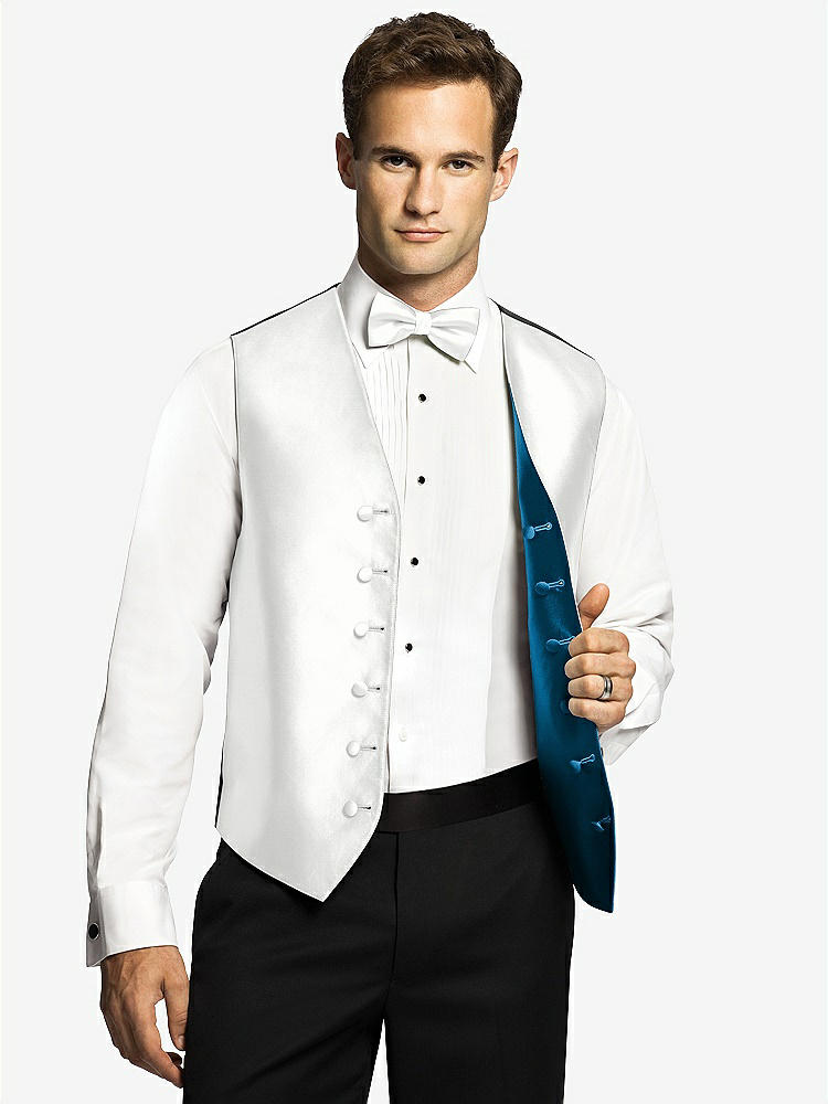 Front View - White & Ocean Blue Reversible Tuxedo Vests by After Six
