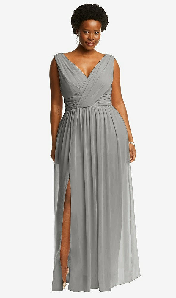 Front View - Chelsea Gray Sleeveless Draped Chiffon Maxi Dress with Front Slit