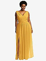 Front View Thumbnail - NYC Yellow Sleeveless Draped Chiffon Maxi Dress with Front Slit