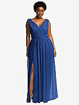 Front View Thumbnail - Classic Blue Sleeveless Draped Chiffon Maxi Dress with Front Slit