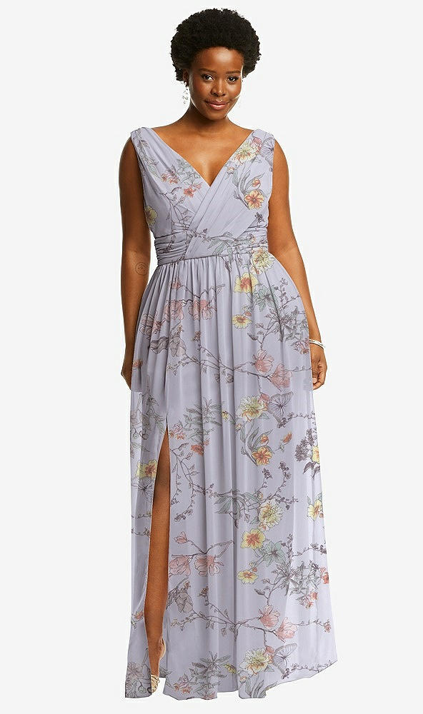 Front View - Butterfly Botanica Silver Dove Sleeveless Draped Chiffon Maxi Dress with Front Slit