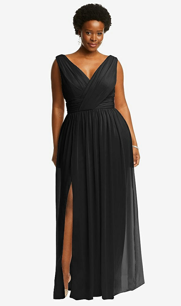 Front View - Black Sleeveless Draped Chiffon Maxi Dress with Front Slit