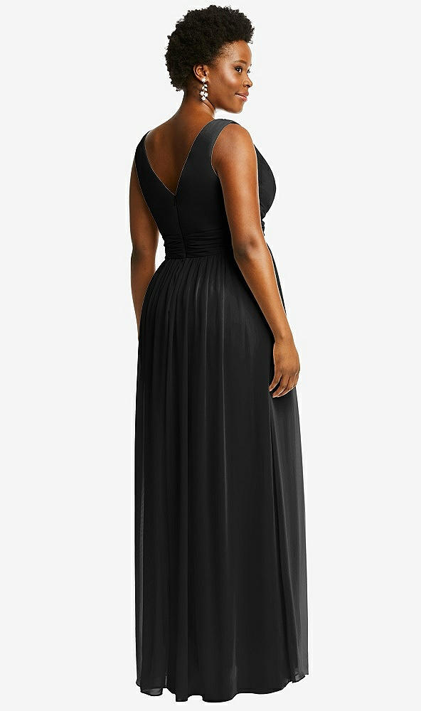 Back View - Black Sleeveless Draped Chiffon Maxi Dress with Front Slit