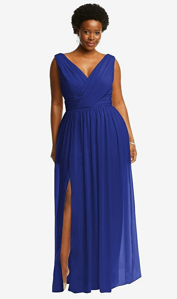 Front View - Cobalt Blue Sleeveless Draped Chiffon Maxi Dress with Front Slit