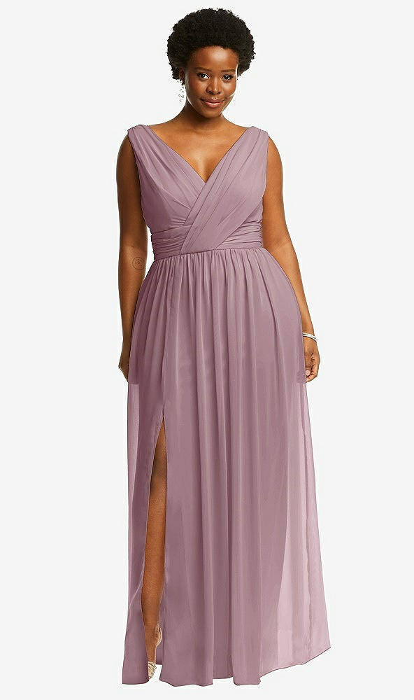 Front View - Dusty Rose Sleeveless Draped Chiffon Maxi Dress with Front Slit