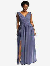 Front View Thumbnail - French Blue Sleeveless Draped Chiffon Maxi Dress with Front Slit