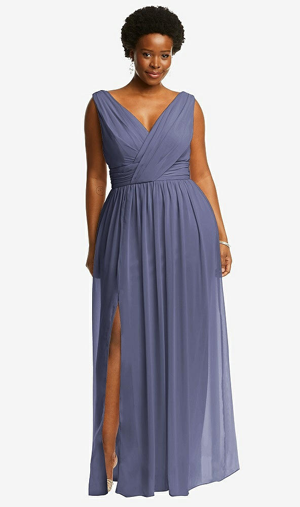 Front View - French Blue Sleeveless Draped Chiffon Maxi Dress with Front Slit