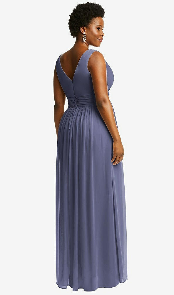 Back View - French Blue Sleeveless Draped Chiffon Maxi Dress with Front Slit