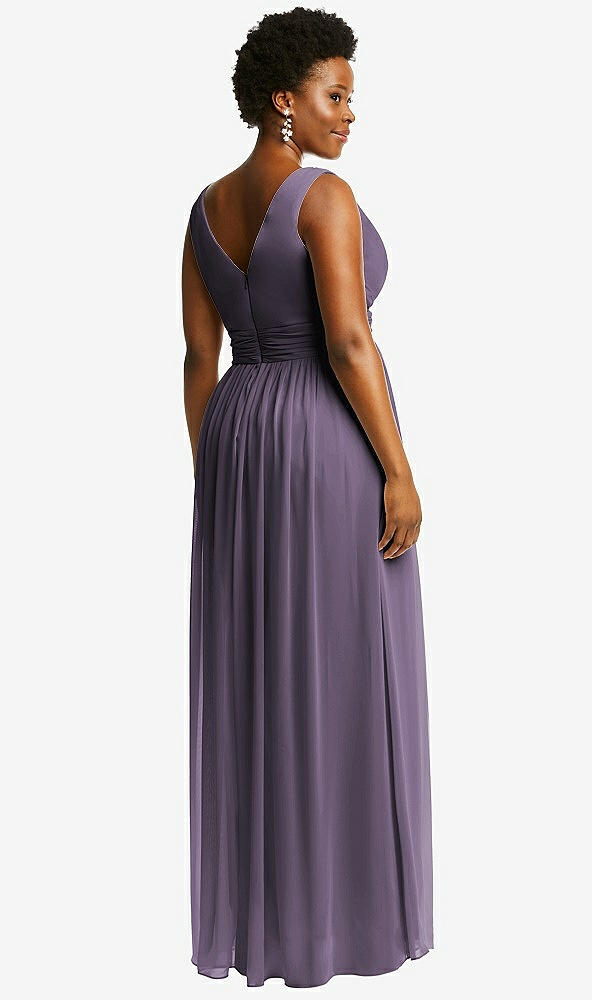Back View - Lavender Sleeveless Draped Chiffon Maxi Dress with Front Slit
