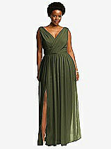 Front View Thumbnail - Olive Green Sleeveless Draped Chiffon Maxi Dress with Front Slit