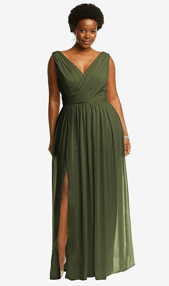 Front View - Olive Green Sleeveless Draped Chiffon Maxi Dress with Front Slit