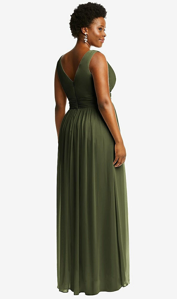 Back View - Olive Green Sleeveless Draped Chiffon Maxi Dress with Front Slit