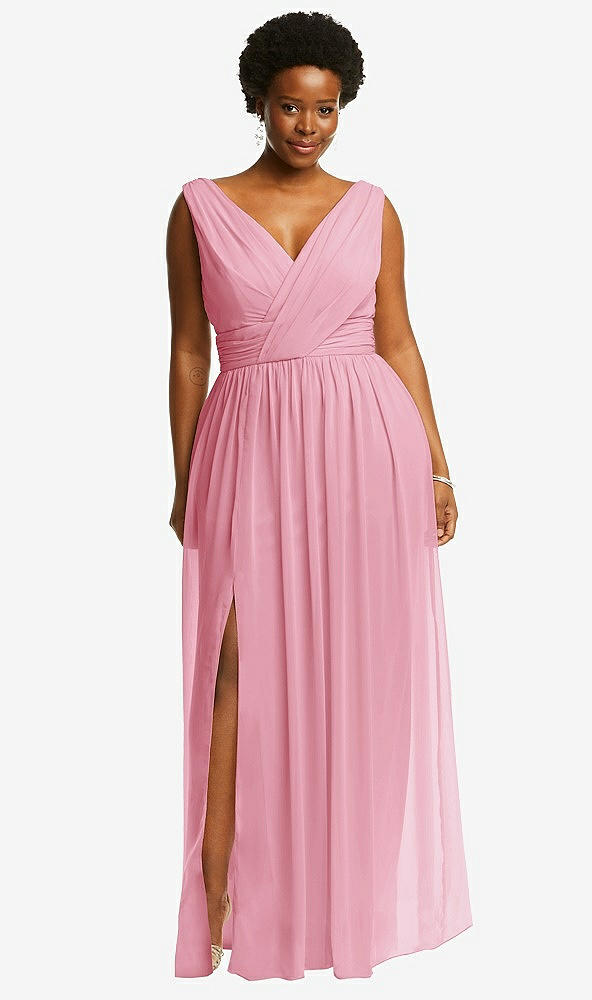 Front View - Peony Pink Sleeveless Draped Chiffon Maxi Dress with Front Slit