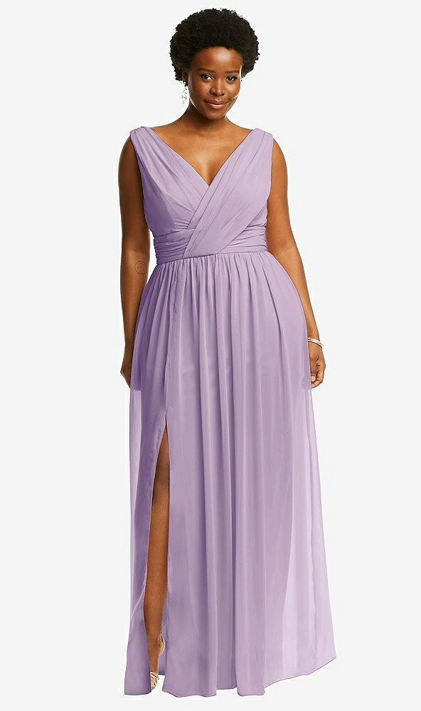 Front View - Pale Purple Sleeveless Draped Chiffon Maxi Dress with Front Slit