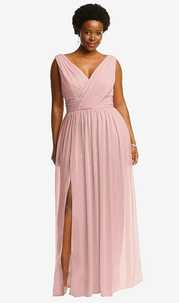 Front View - Rose - PANTONE Rose Quartz Sleeveless Draped Chiffon Maxi Dress with Front Slit