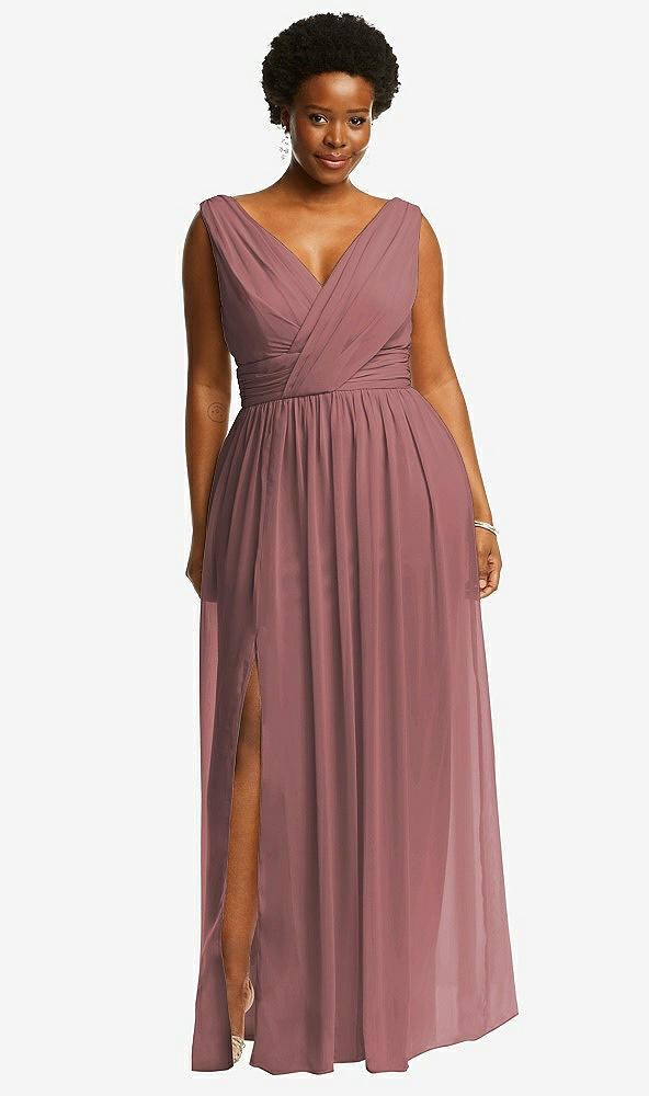 Front View - Rosewood Sleeveless Draped Chiffon Maxi Dress with Front Slit