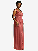 Alt View 1 Thumbnail - Coral Pink Sleeveless Draped Chiffon Maxi Dress with Front Slit