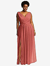 Front View Thumbnail - Coral Pink Sleeveless Draped Chiffon Maxi Dress with Front Slit