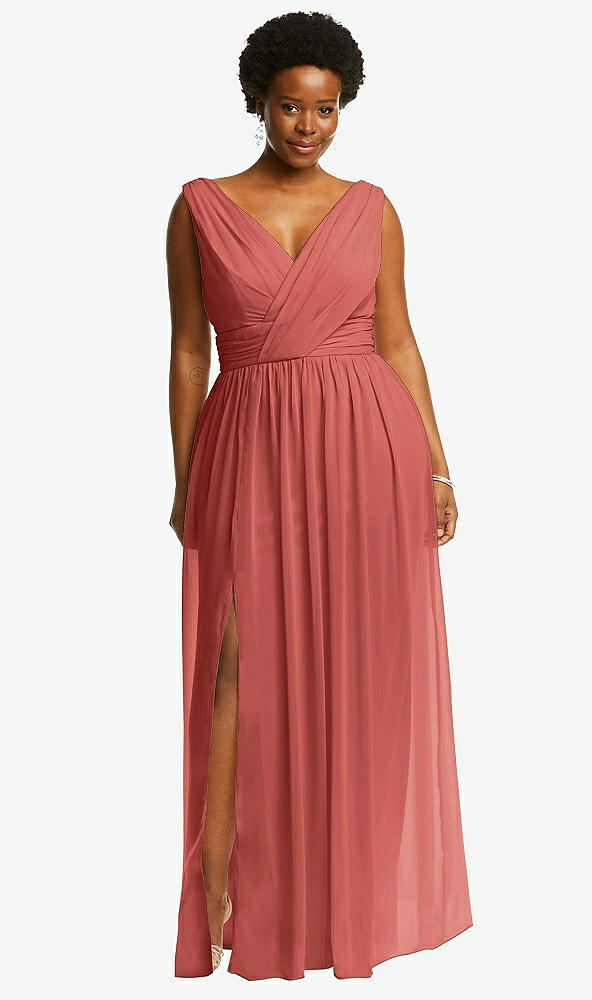 Front View - Coral Pink Sleeveless Draped Chiffon Maxi Dress with Front Slit
