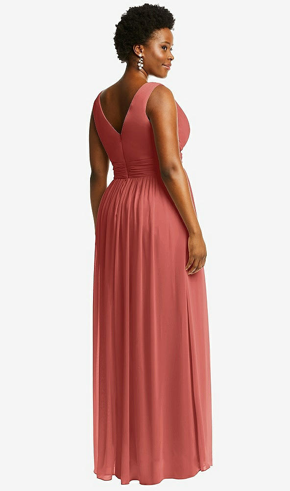 Back View - Coral Pink Sleeveless Draped Chiffon Maxi Dress with Front Slit