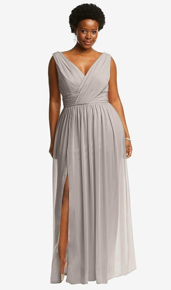 Front View - Taupe Sleeveless Draped Chiffon Maxi Dress with Front Slit