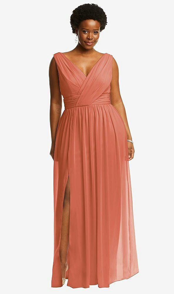 Front View - Terracotta Copper Sleeveless Draped Chiffon Maxi Dress with Front Slit
