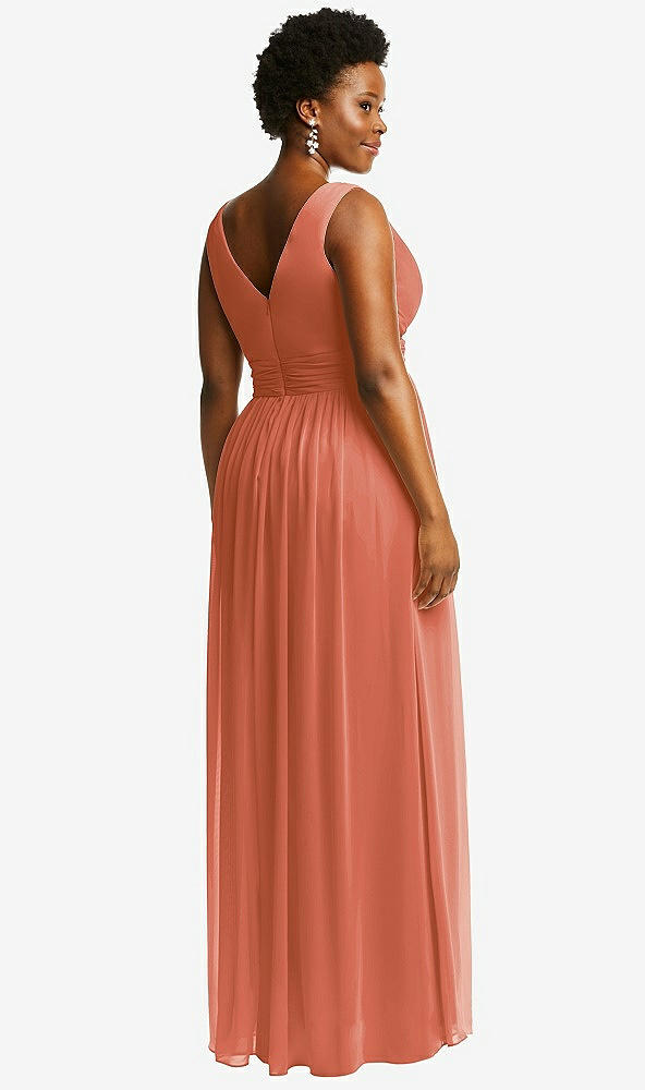 Back View - Terracotta Copper Sleeveless Draped Chiffon Maxi Dress with Front Slit