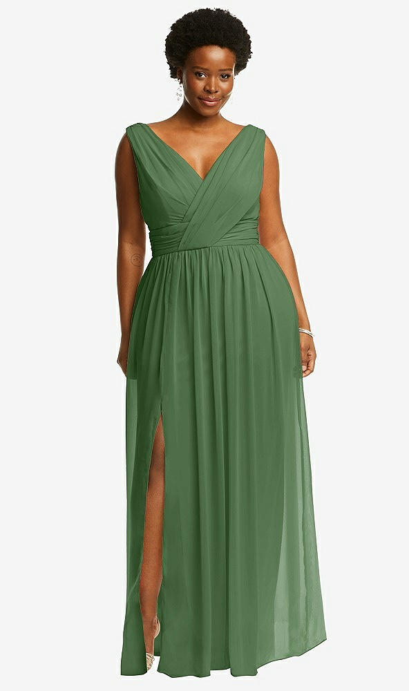 Front View - Vineyard Green Sleeveless Draped Chiffon Maxi Dress with Front Slit