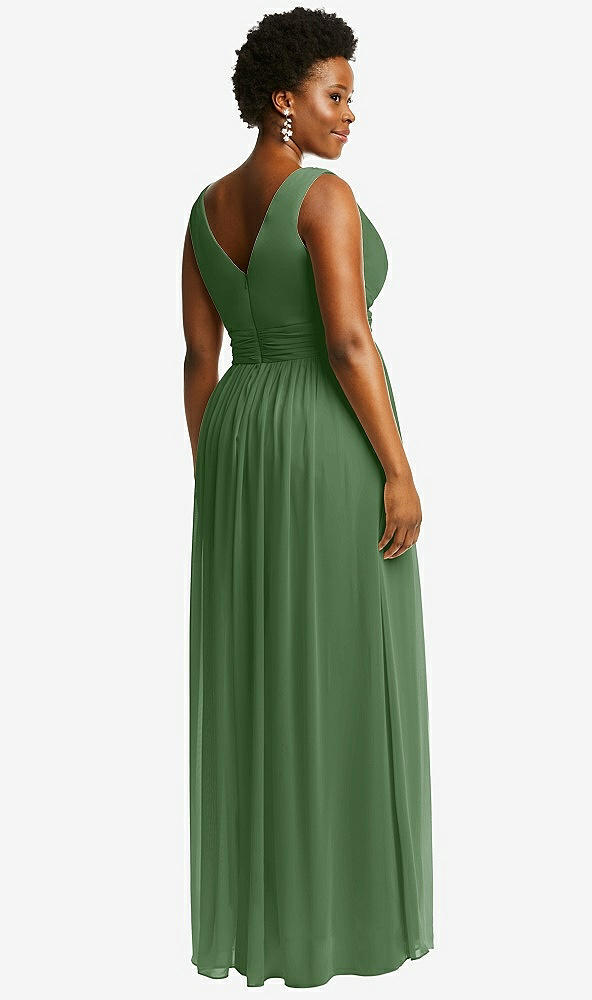 Back View - Vineyard Green Sleeveless Draped Chiffon Maxi Dress with Front Slit