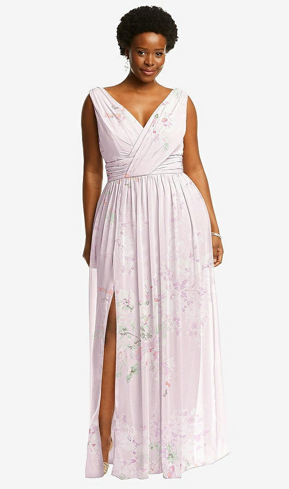 Front View - Watercolor Print Sleeveless Draped Chiffon Maxi Dress with Front Slit