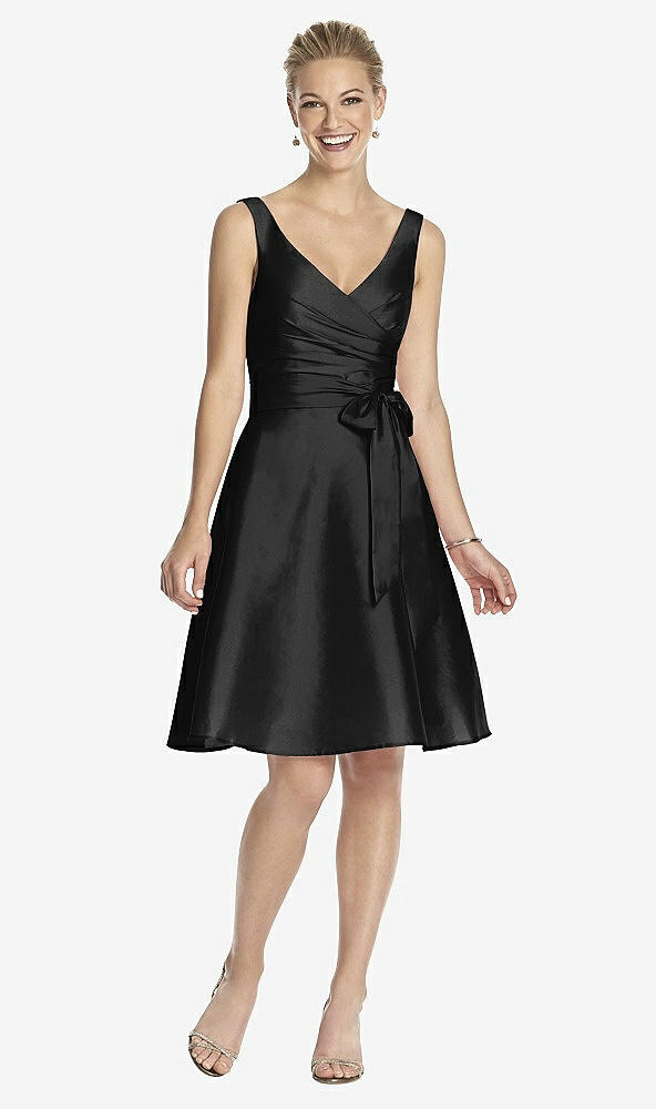 Front View - Black V-Neck Sleeveless Cocktail Length Dress