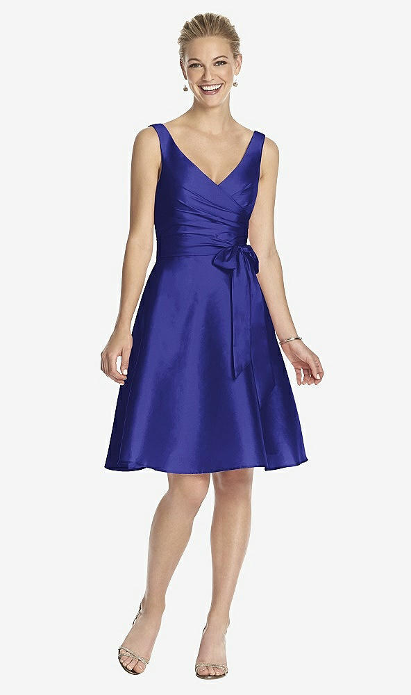 Front View - Electric Blue V-Neck Sleeveless Cocktail Length Dress