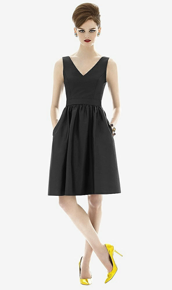 Front View - Black Sleeveless Natural Wais Cocktail Length Dress