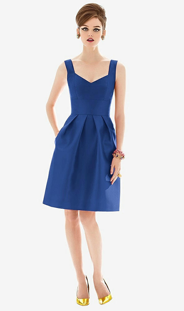 Front View - Classic Blue Cocktail Sleeveless Satin Twill Dress