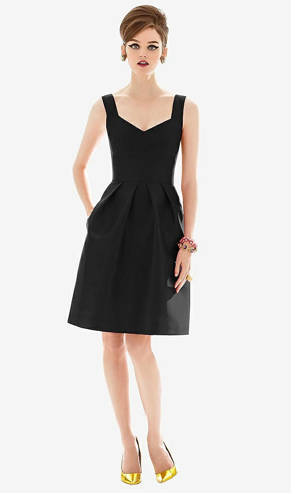 Front View - Black Cocktail Sleeveless Satin Twill Dress