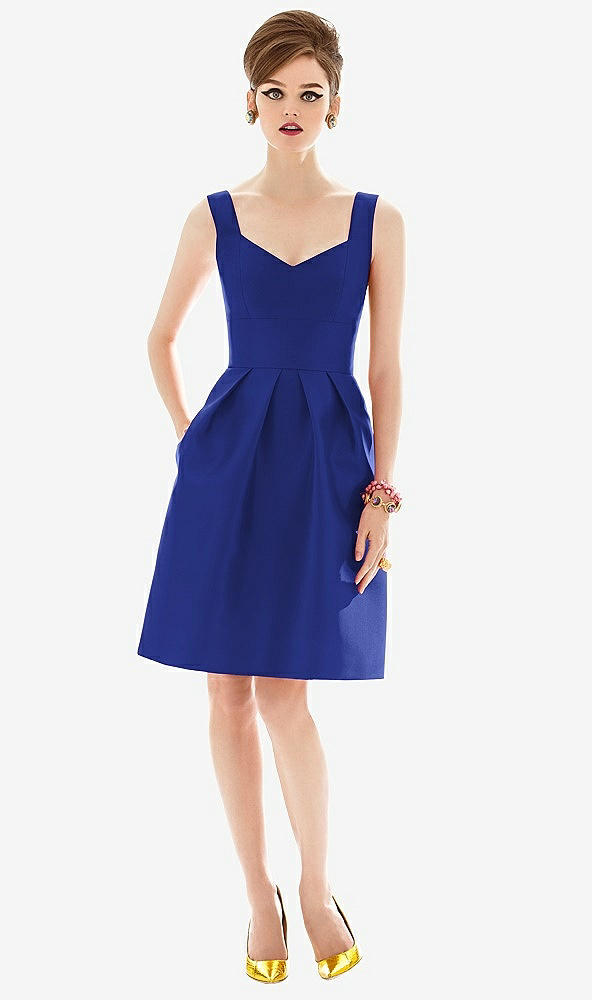 Front View - Cobalt Blue Cocktail Sleeveless Satin Twill Dress