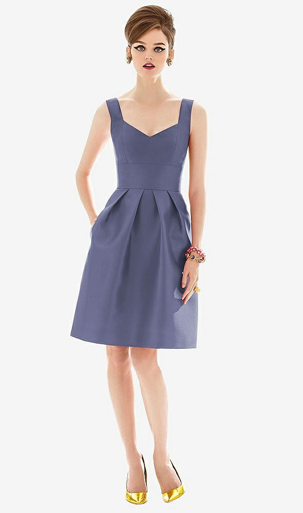 Front View - French Blue Cocktail Sleeveless Satin Twill Dress