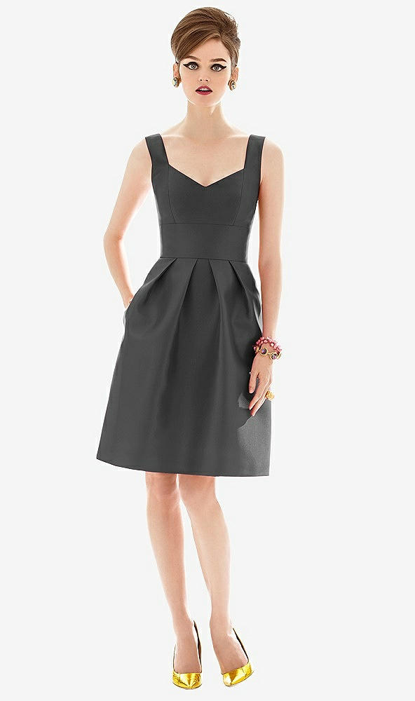 Front View - Pewter Cocktail Sleeveless Satin Twill Dress