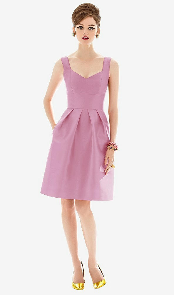 Front View - Powder Pink Cocktail Sleeveless Satin Twill Dress