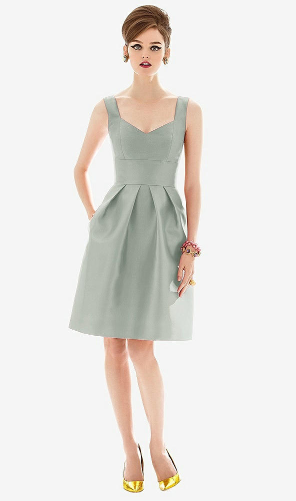 Front View - Willow Green Cocktail Sleeveless Satin Twill Dress