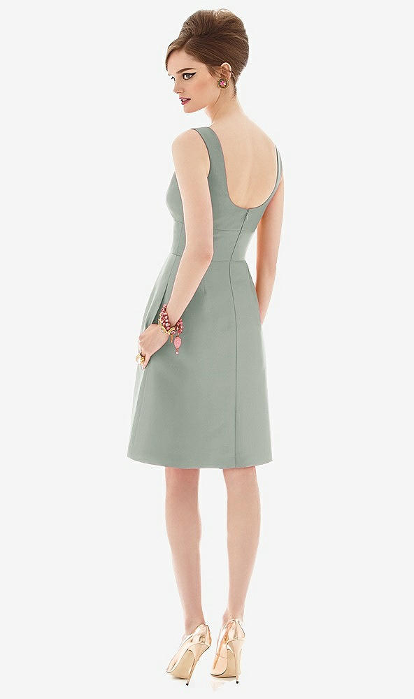 Back View - Willow Green Cocktail Sleeveless Satin Twill Dress