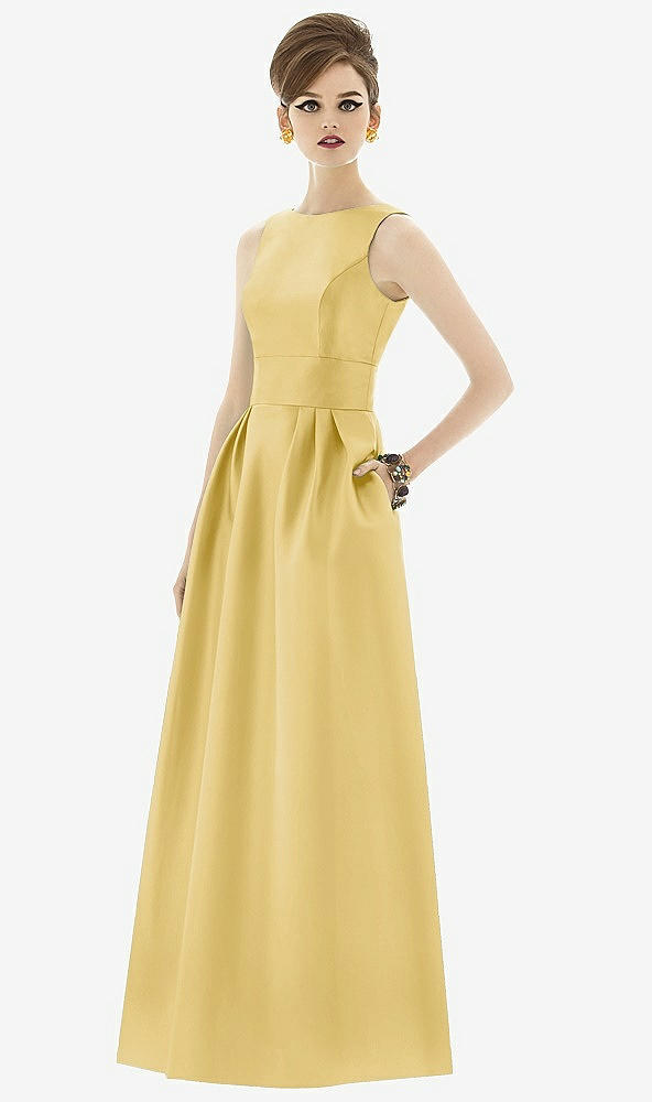 Front View - Maize Alfred Sung Open Back Satin Twill Gown D661