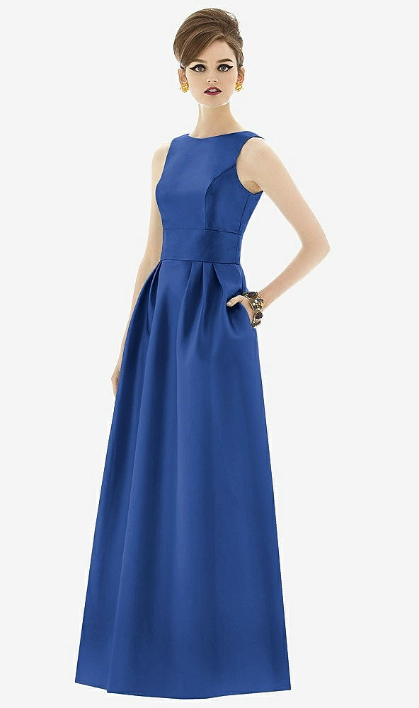 Front View - Classic Blue Alfred Sung Open Back Satin Twill Gown D661