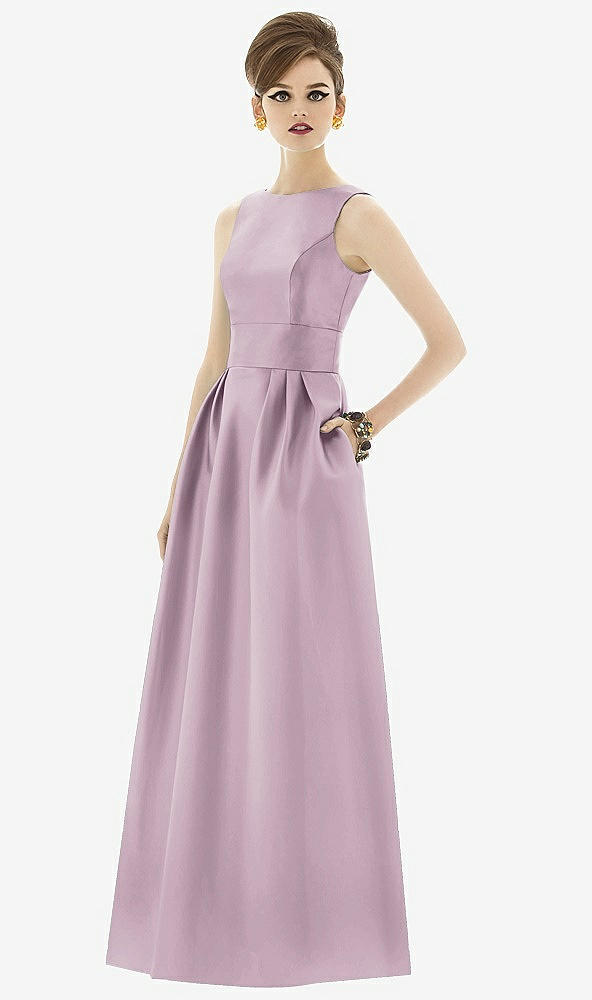 Front View - Suede Rose Alfred Sung Open Back Satin Twill Gown D661