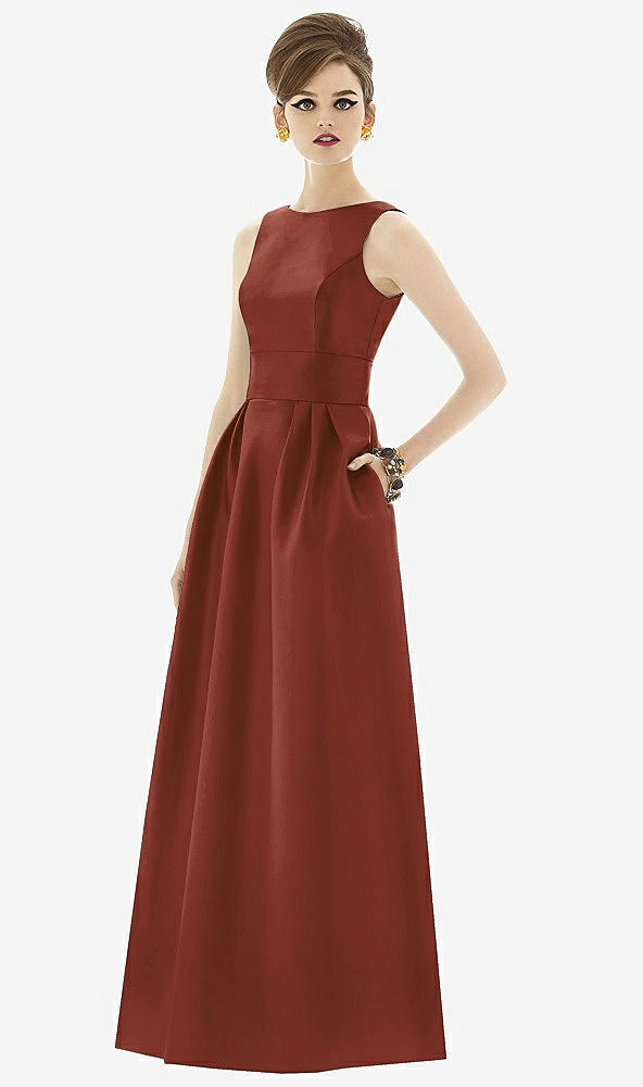 Front View - Auburn Moon Alfred Sung Open Back Satin Twill Gown D661