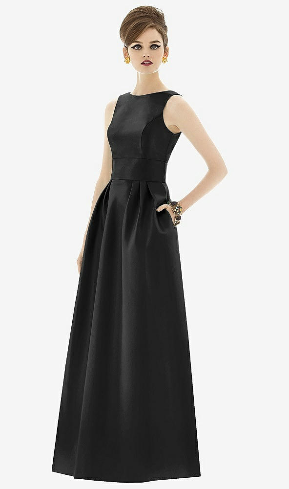 Front View - Black Alfred Sung Open Back Satin Twill Gown D661