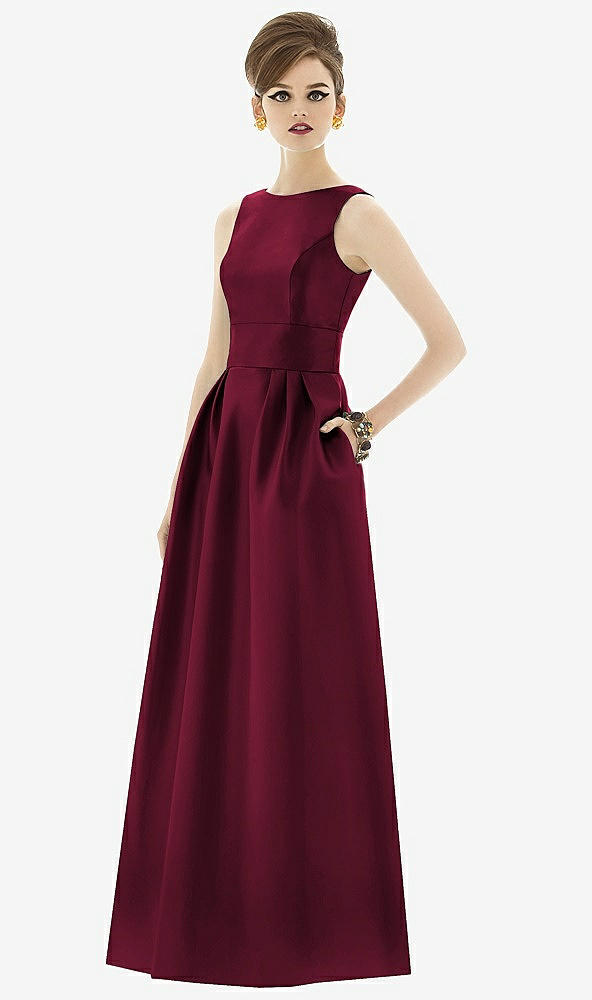 Front View - Cabernet Alfred Sung Open Back Satin Twill Gown D661