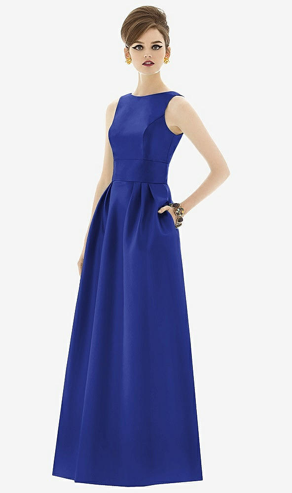 Front View - Cobalt Blue Alfred Sung Open Back Satin Twill Gown D661